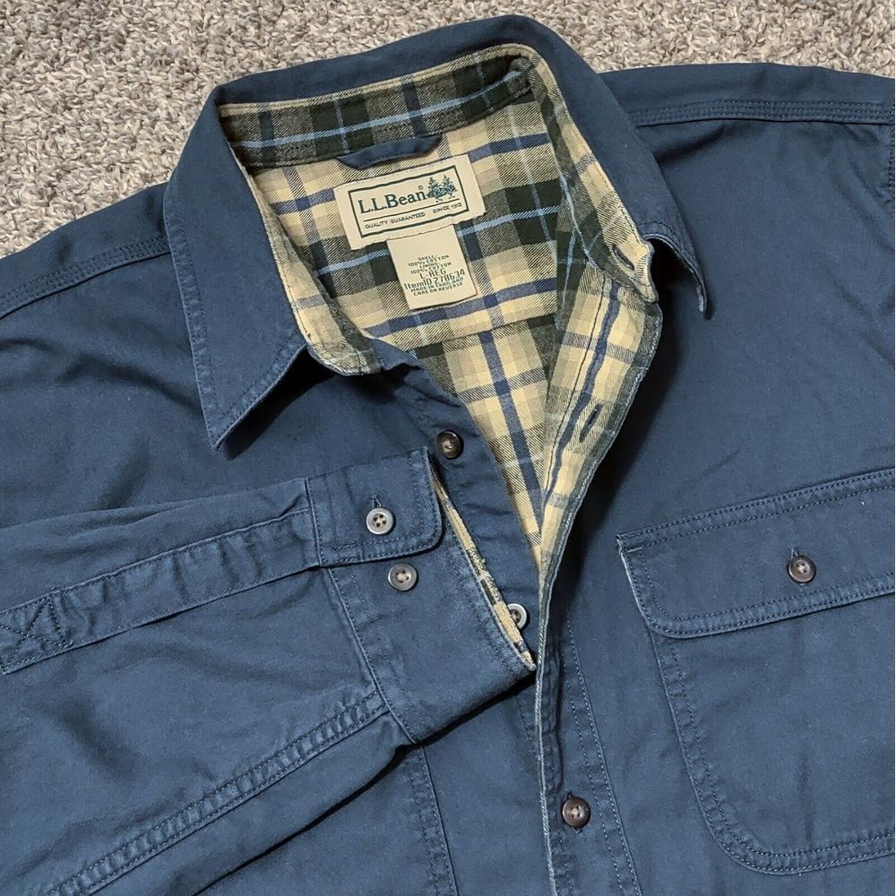 LL Bean Shirt Men Large (L) Blue Flannel Lined Hurricane Shacket Casual Outdoor